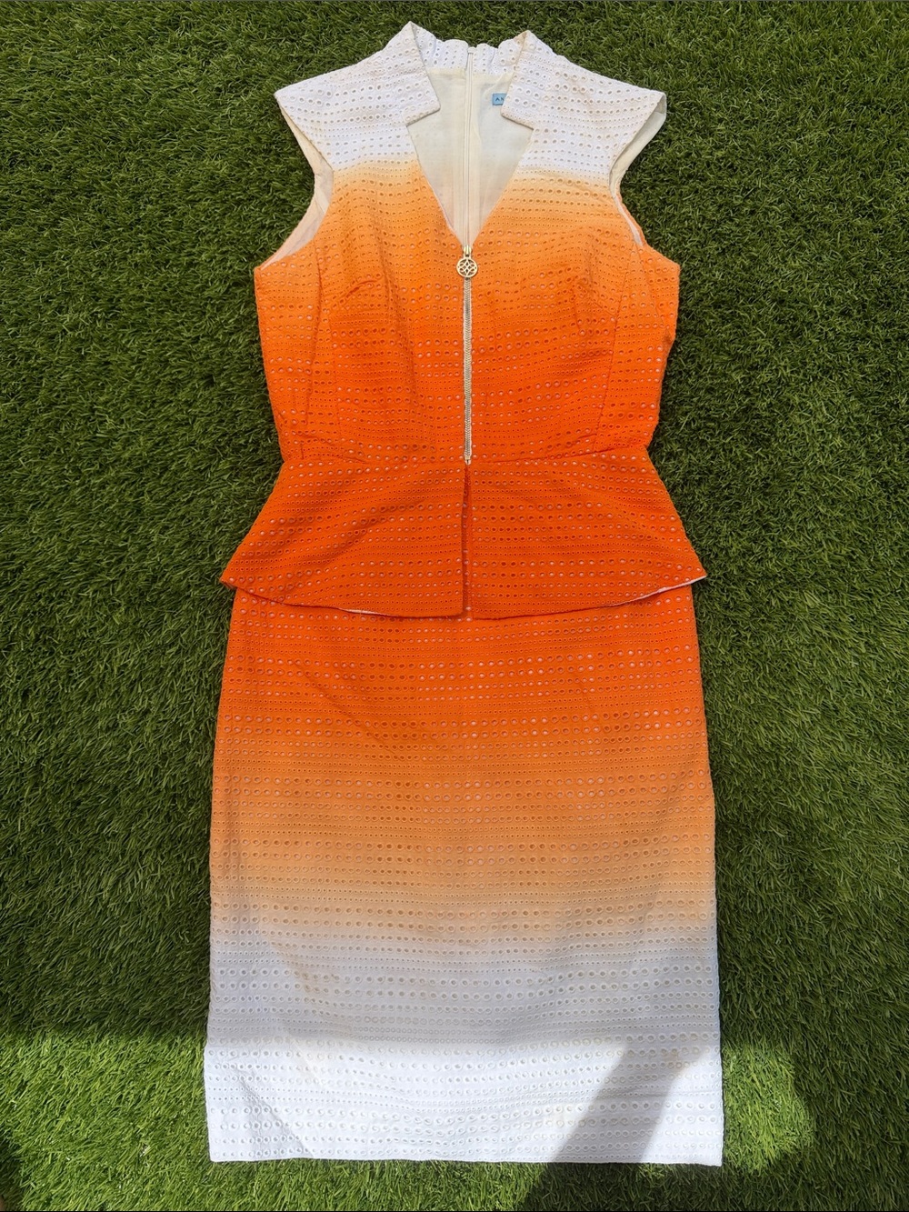 ANTONIO MELANI Orange and White Ombre Eyelet Peplum Dress